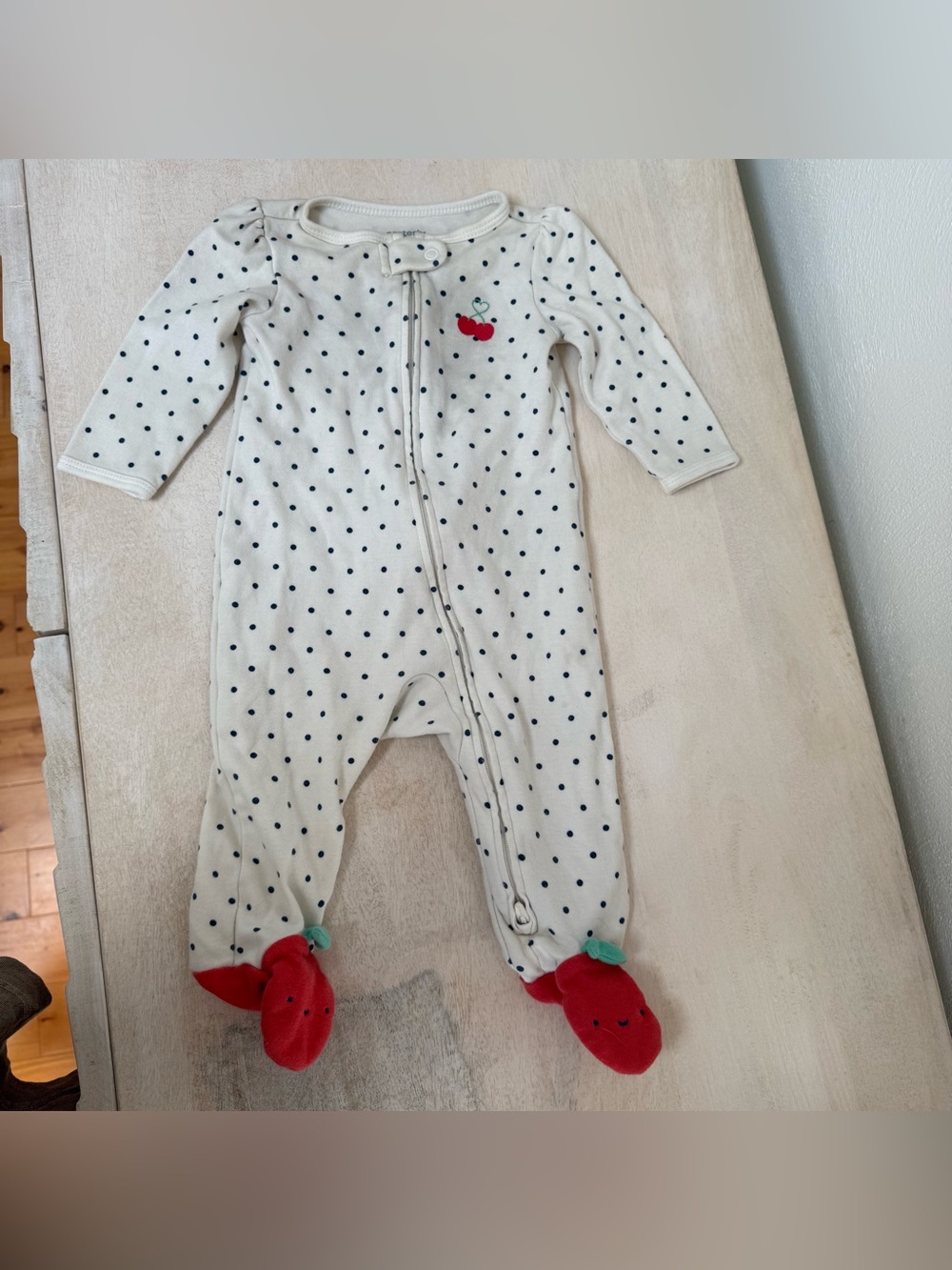 Carter's Cream Polka Dot Footed One-Piece with Red Cherry Toes